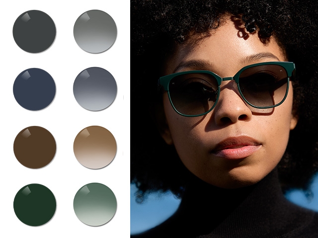 Nuori nainen, jolla on liukuväriset mustat ZEISS Sun Rx -linssit. Seuraavaksi näkyvät musta, harmaa, ruskea ja harmaanvihreä Pioneer koko- ja liukuväreissä.