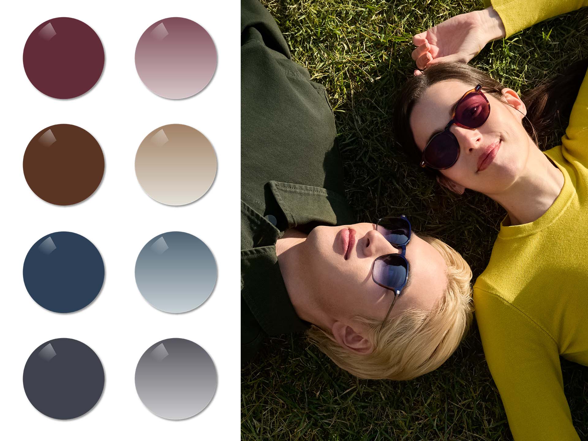 Mies, jolla on liukuväriset ZEISS Sun Rx -linssit värissä Midnight Blue, ja nainen, jolla on kokoväriset ZEISSin aurinkolasilinssit vahvuuksilla värissä Burgundy, makaavat nurmikolla. Seuraavaksi näytetään värit Burgundy, Copper Brown, Midnight Blue and Dusk Grey koko- ja liukuvärisinä.