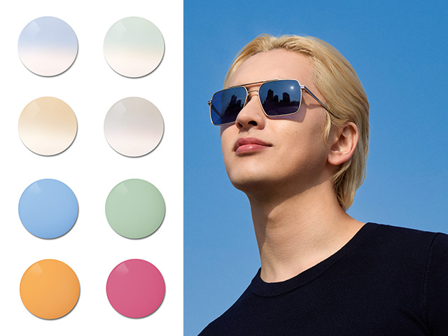 Nuori mies, jolla on kokoväriset siniset ZEISS Sun Rx -linssit. Seuraavaksi näytetään erikoisväripaletti, jossa on sävyjä pastelliliukuväreistä voimakkaisiin ja värikkäisiin kokoväreihin.