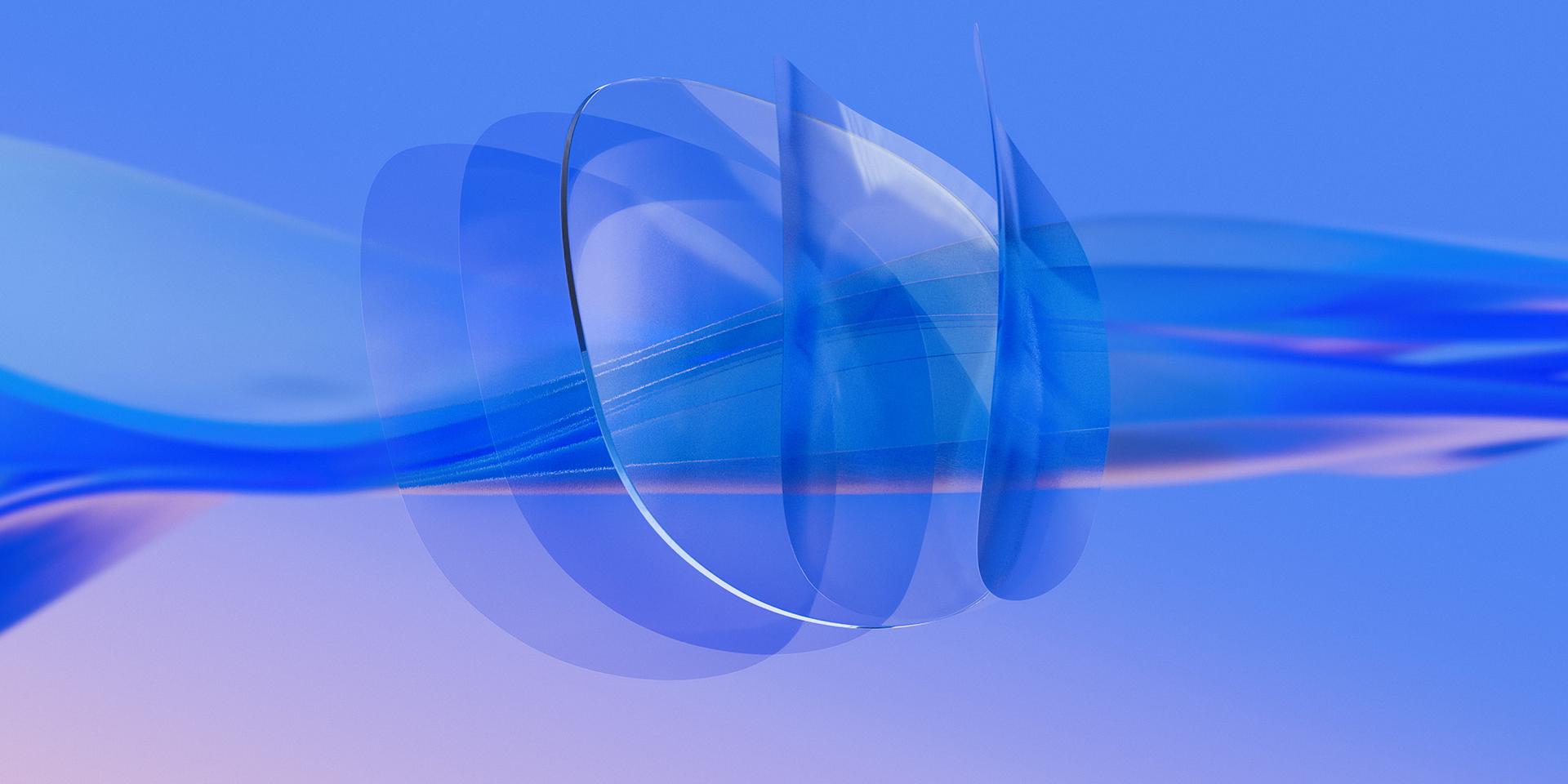 Graafinen 3D-esitys kirkkaasta ZEISS-linssistä, jonka taka- ja etupinnalle levitetään useita hyvin ohuita linssipinnoitekerroksia.