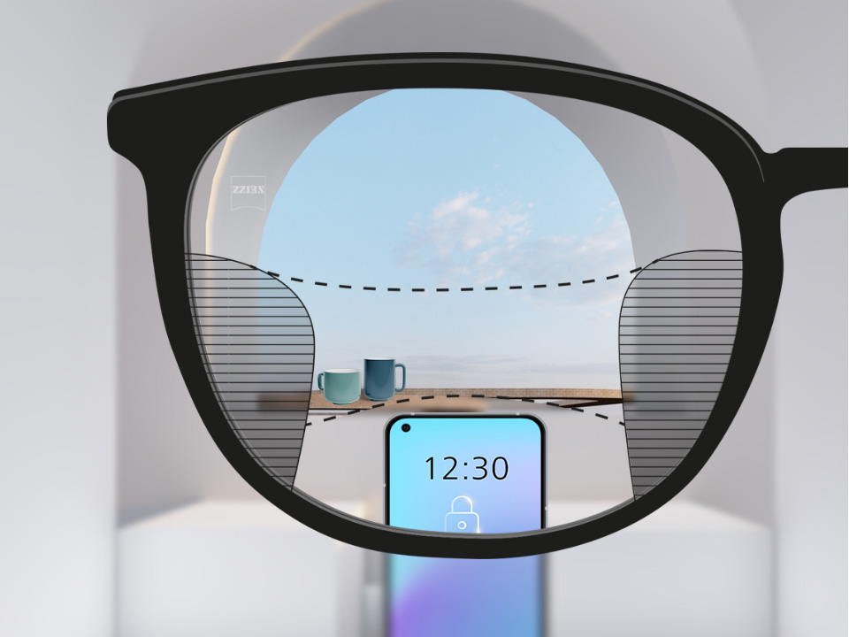 Kaaviomainen näkökulmapiirros SmartLife-moniteholinssien läpi. Linsseissä näkyy kolme laajaa näköaluetta lähinäön (älypuhelin), välinäön (kahvikupit) ja kaukonäön (taivas) korjaamiseen.
