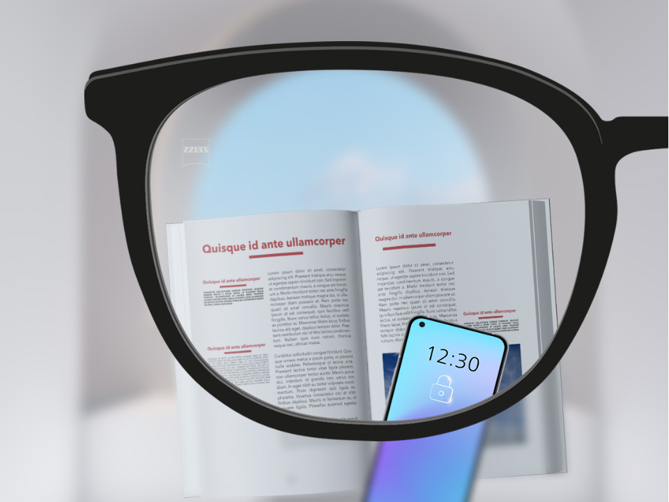 Näkökulmakuva täysin kirkkaiden ZEISS Single Vision SmartLife -linssien läpi älypuhelimeen ja kirjaan.