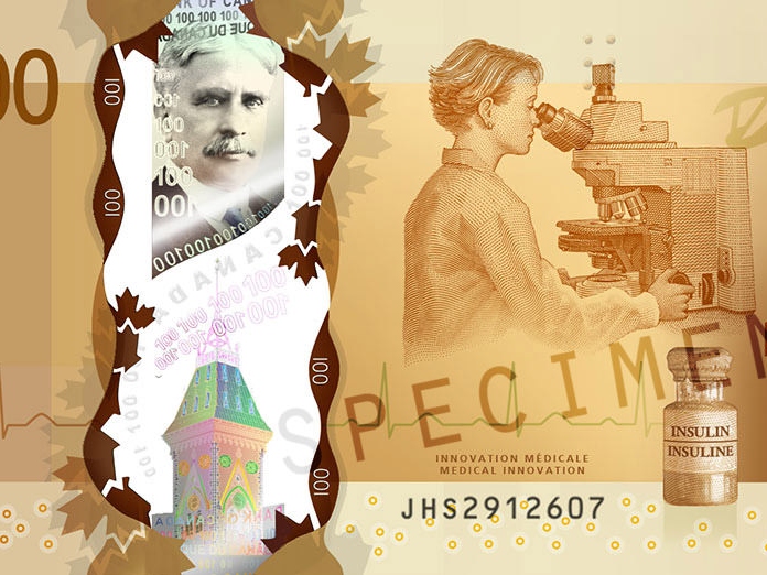 Lähikuva 100 Kanadan dollarin setelistä, jossa on kuvattuna muun muassa ZEISSin mikroskooppi.