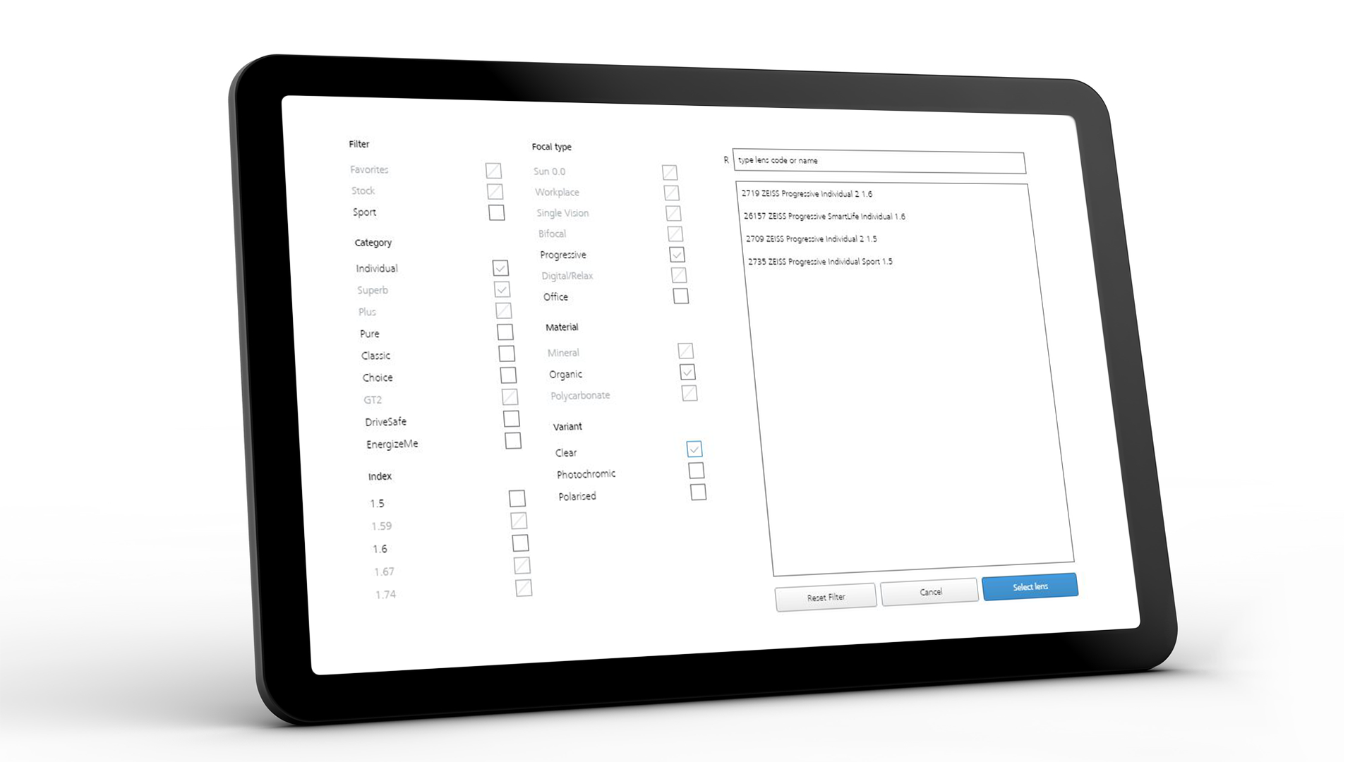 Tabletin näyttö, jolla näkyy ZEISS VISUSTOREn käyttöliittymä ja useita syöttöapuja 