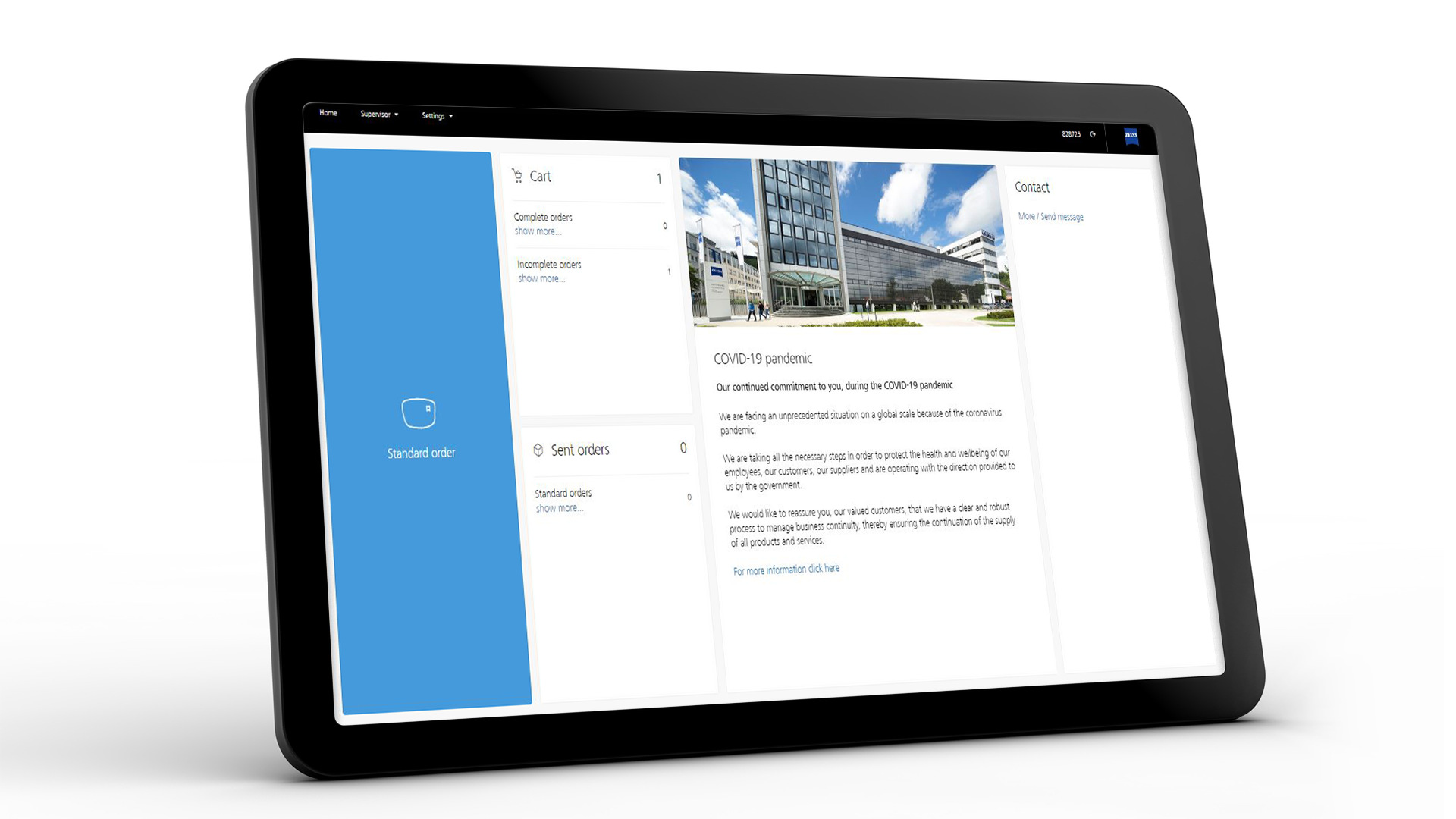 Tabletin näyttö, jolla näkyy ZEISS VISUSTOREn vakiotilausten käyttöliittymä 