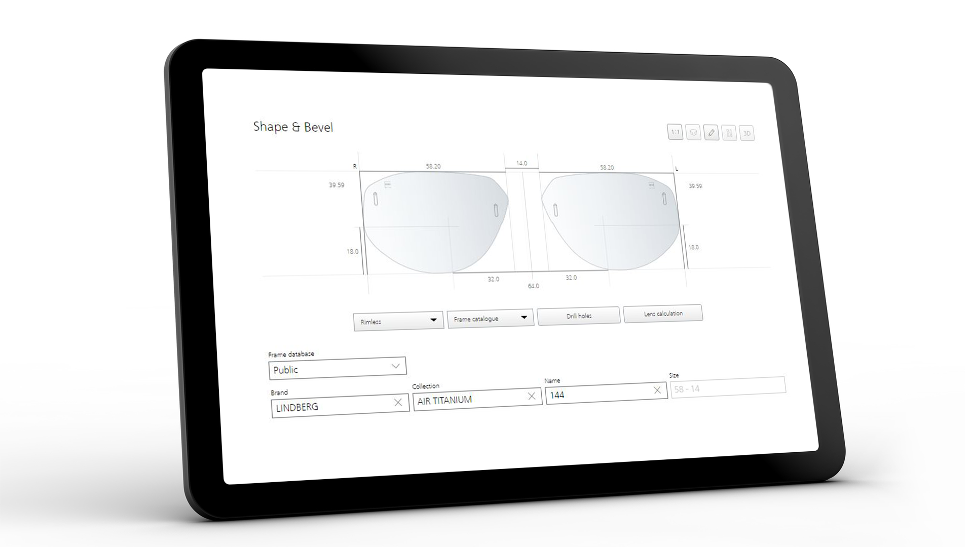 Tabletin näyttö, jolla näkyy ZEISS VISUSTOREn käyttöliittymä ja muoto ja viiste 
