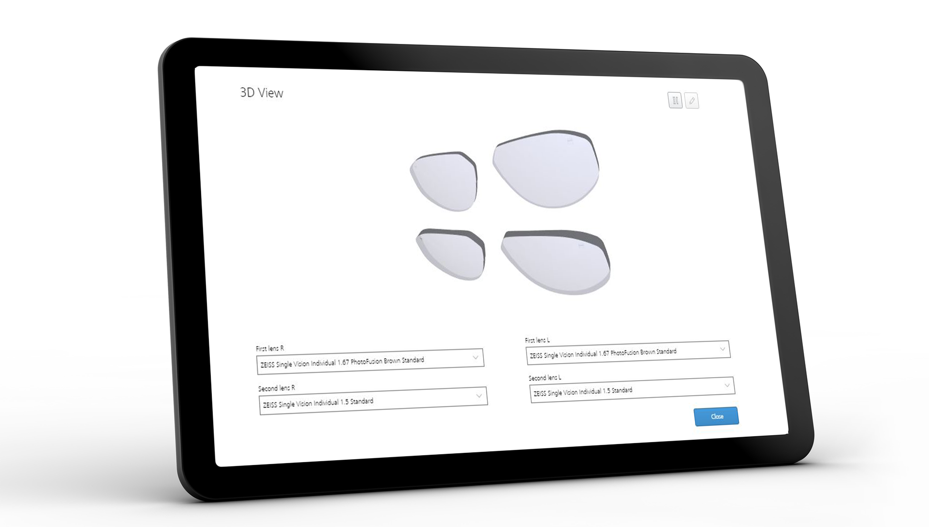 Tabletin näyttö, jolla näkyy ZEISS VISUSTOREn käyttöliittymän 3D-näkymä 