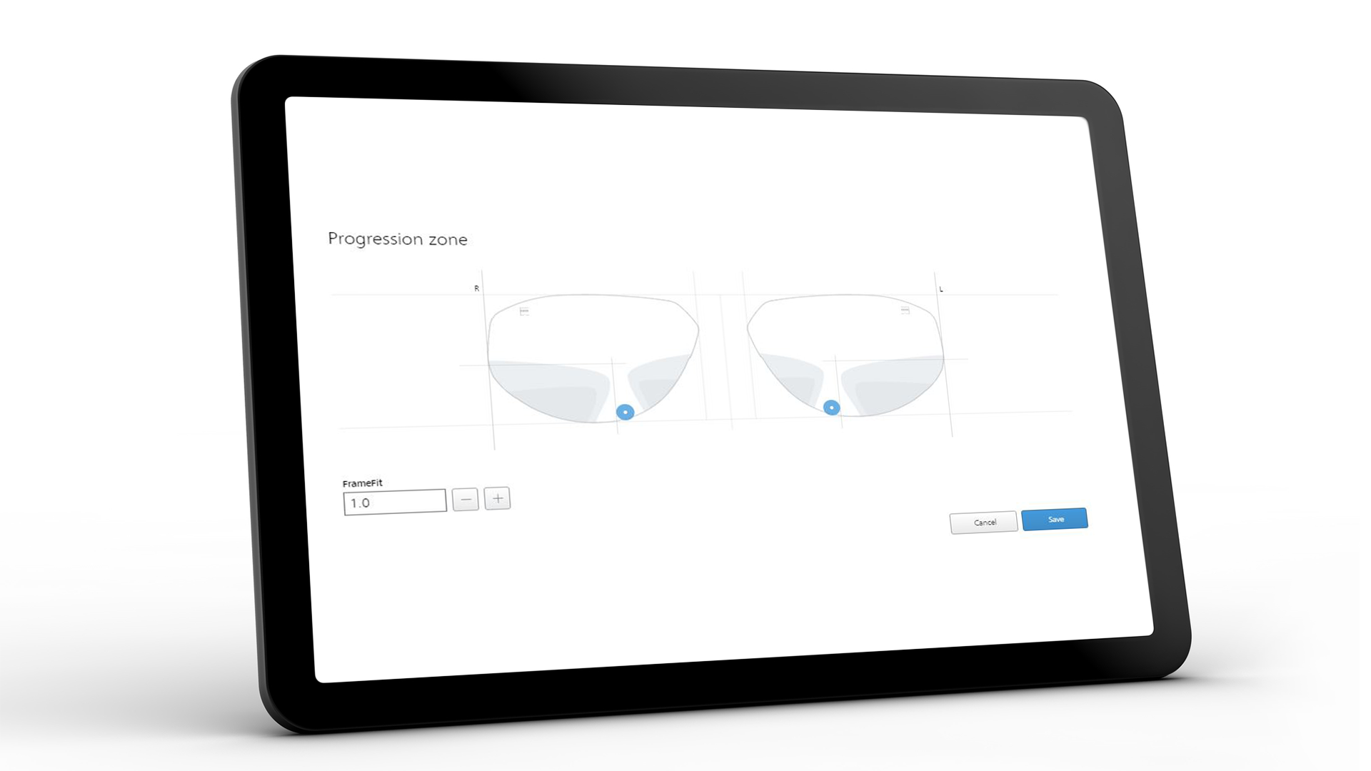 Tabletin näyttö, jolla näkyy ZEISS VISUSTOREn käyttöliittymä ja progressioalue 