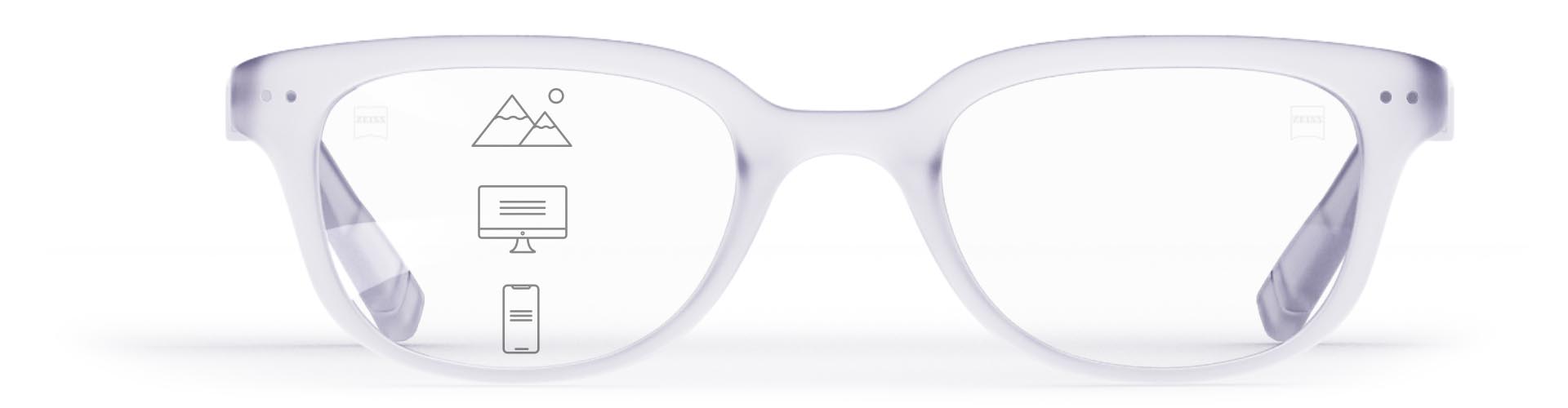 ZEISS Progressive SmartLife -linssit tyylikkäissä läpinäkyvissä kehyksissä. Symbolit merkitsevät eri näköalueita: lähi-, väli- ja kaukonäköä.